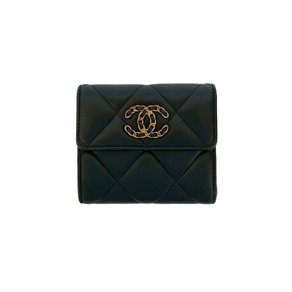 CHANEL Authentic Black Lambskin Leather Logo Wallet